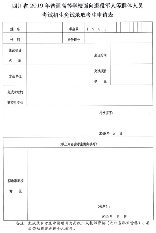 四川省2019年普通高等学校面向退役军人等群体人员考试招生免试录取考生申请表