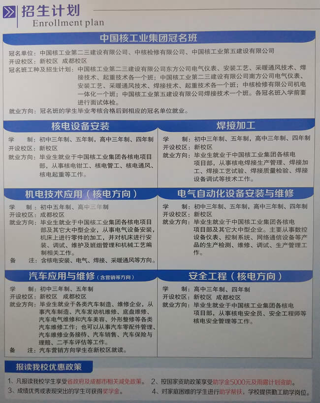 四川核工业技师学院成都校区招生计划