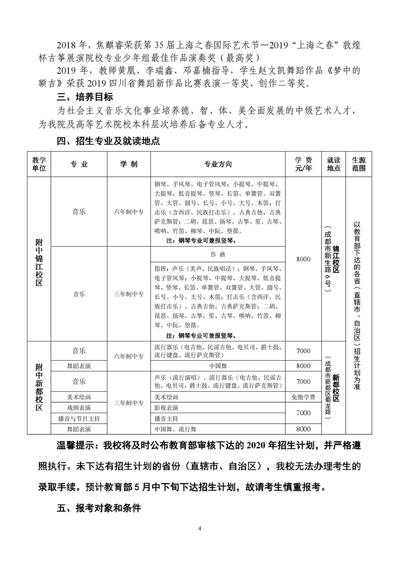 四川音乐学院附属中等艺术学校招生专业